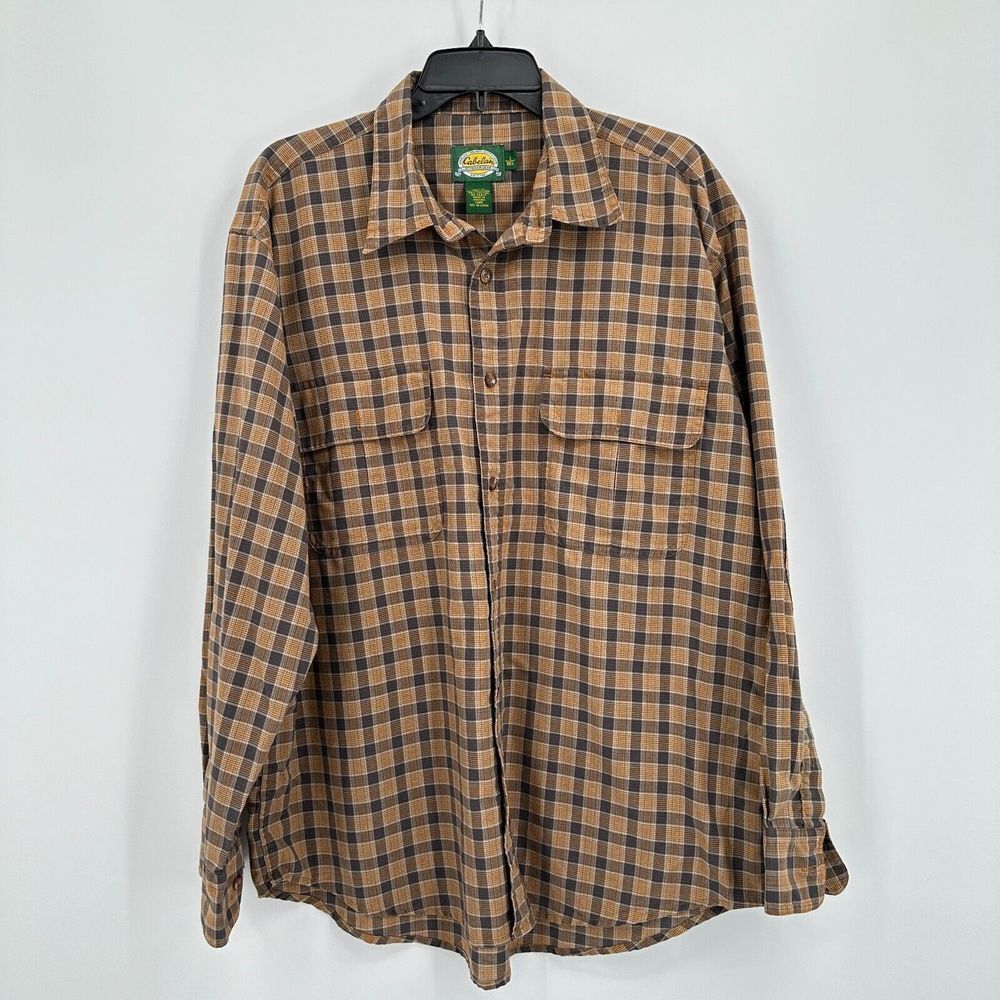Vtg Cabela's Shirt Mens L Brown Plaid Button Up Hiking Outdoor Elbow‎ Patches